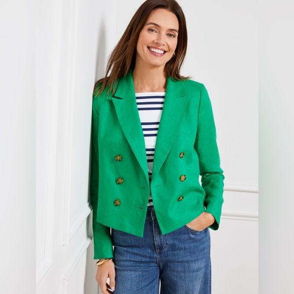Talbots Linen Green Crop Blazer Jacket - Size 14 - Picture 1 of 8